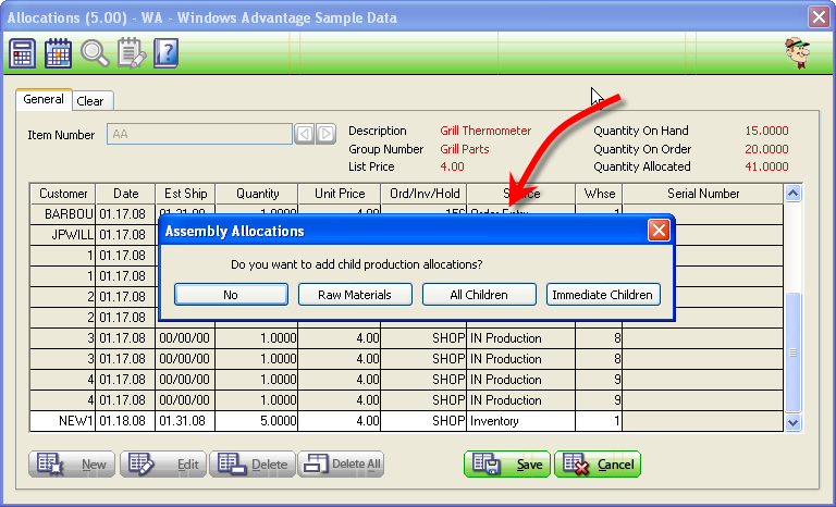 Allocations Screen Showing Production Allocation Options